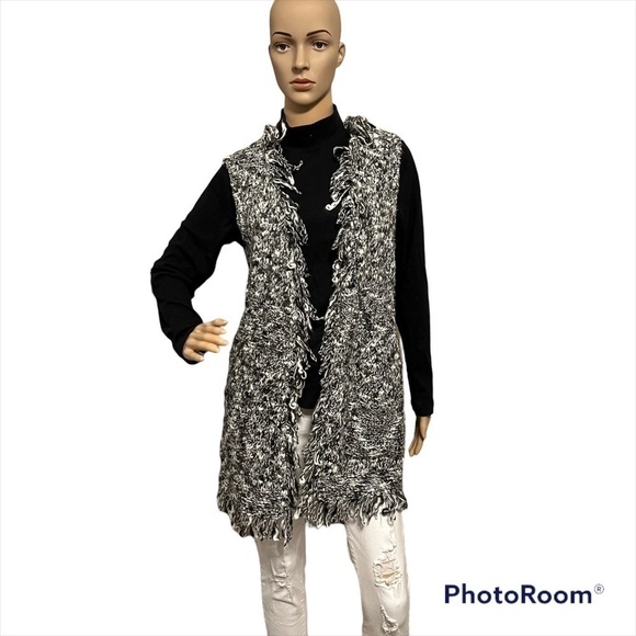 Chicos Black White Marled Fringe Vest Open Long Knit Sweater Cardigan Duster S - Picture 2 of 14